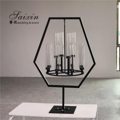 China ZT-405B Saixin New Pentagon Black Metal Frame With Hanging Chandelier Candle Holder For Wedding Decoration for sale