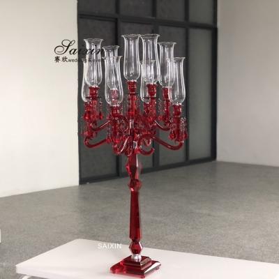 China 9 Arms 130cm Red Blue Hurricane Crystal Glass Candelabra Clear Wedding Table Centerpieces for sale