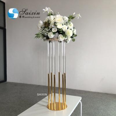 China 130CM 6 Pole Unique Flower Stand Acrylic Crystal Gold Glass Table Centerpieces for sale