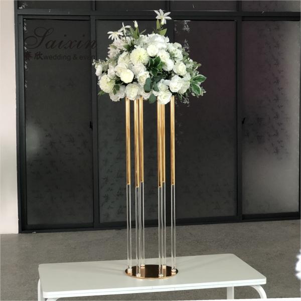 Quality 130CM 6 Pole Unique Flower Stand Acrylic Crystal Gold Glass Table Centerpieces for sale