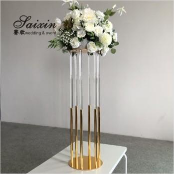 Quality 130CM 6 Pole Unique Flower Stand Acrylic Crystal Gold Glass Table Centerpieces for sale