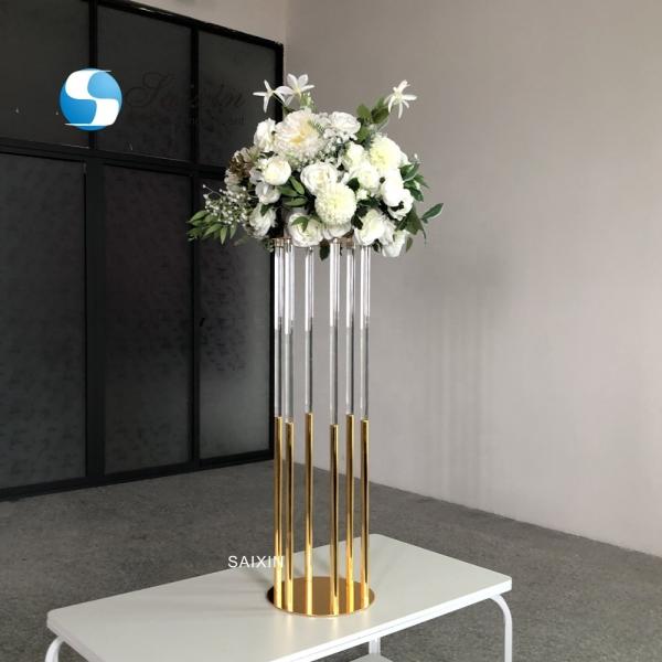 Quality 130CM 6 Pole Unique Flower Stand Acrylic Crystal Gold Glass Table Centerpieces for sale