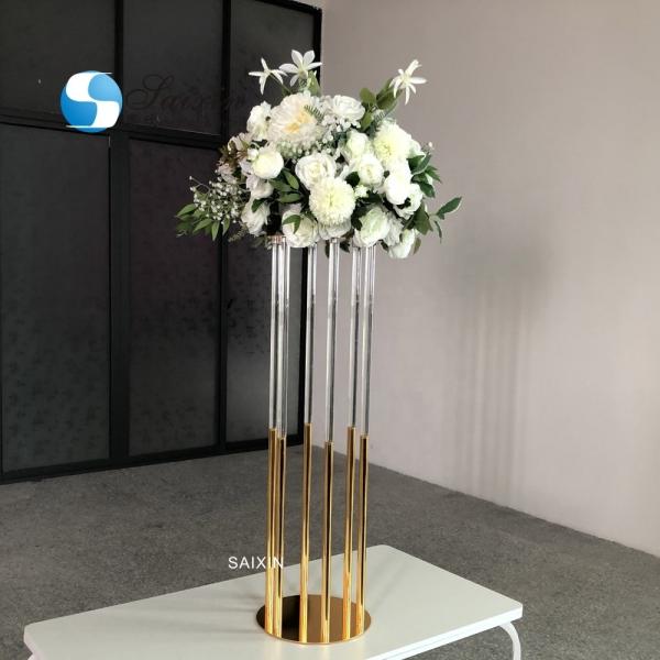 Quality 130CM 6 Pole Unique Flower Stand Acrylic Crystal Gold Glass Table Centerpieces for sale