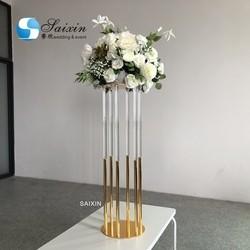 Quality 130CM 6 Pole Unique Flower Stand Acrylic Crystal Gold Glass Table Centerpieces for sale