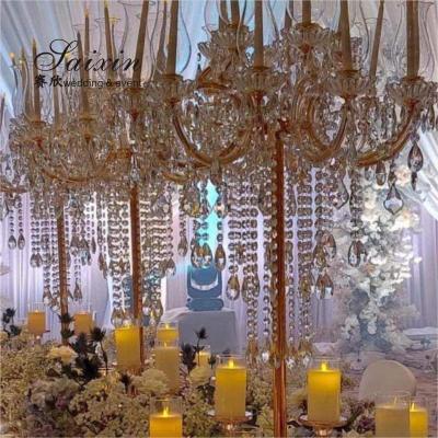 China 15 Arms Gold Tall Lead Crystal Candelabras Centerpieces Beaded For Wedding Table for sale