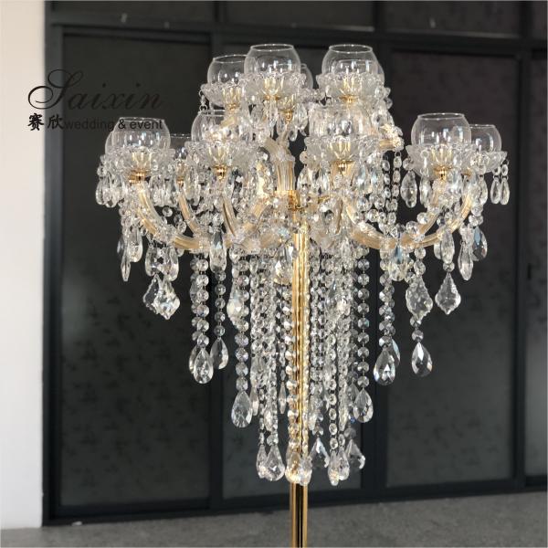 Quality 15 Arms Gold Tall Lead Crystal Candelabras Centerpieces Beaded For Wedding Table for sale