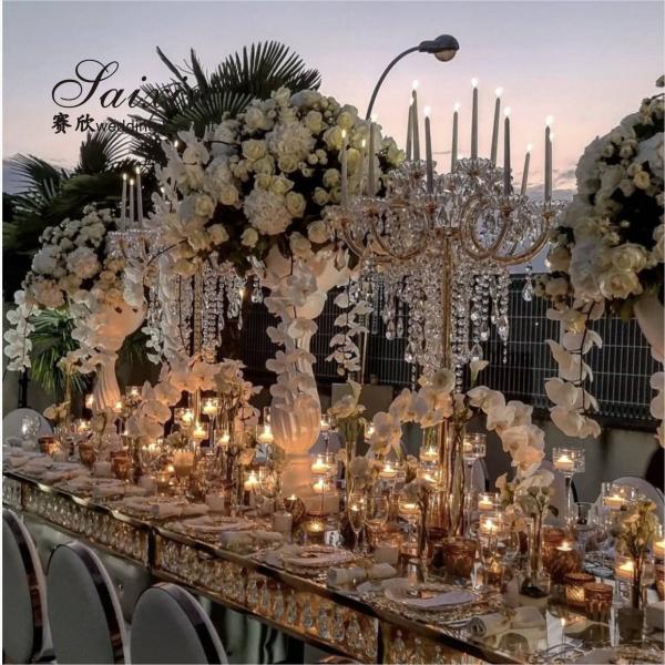 Quality 15 Arms Gold Tall Lead Crystal Candelabras Centerpieces Beaded For Wedding Table for sale