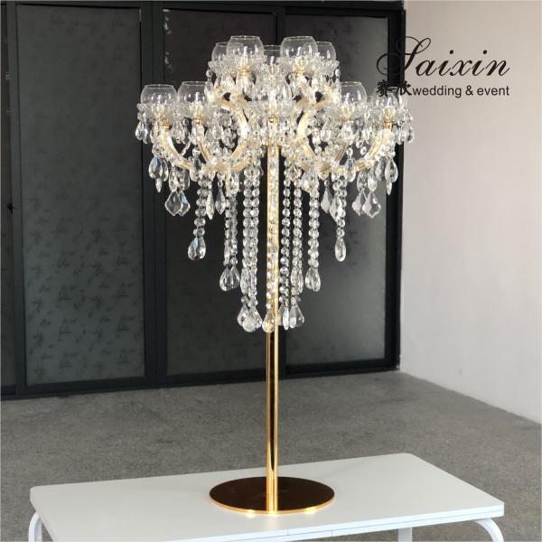 Quality 15 Arms Gold Tall Lead Crystal Candelabras Centerpieces Beaded For Wedding Table for sale