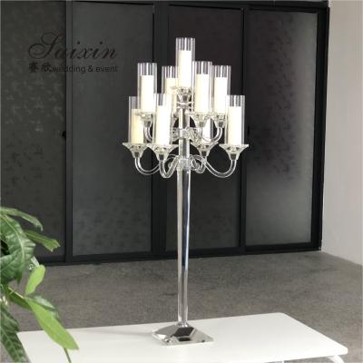 China 9 Branch Crystal Glass Candelabra Square Base Contemporary Crystal Candle Holders for sale