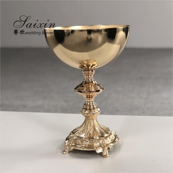 Quality Floral Trophy Shape Gold Trumpet Vase Metal Flower Stand Pot Round Wedding for sale