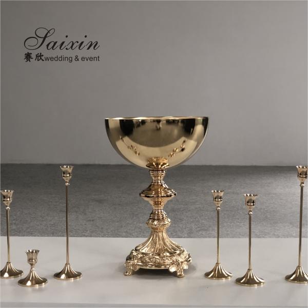 Quality Floral Trophy Shape Gold Trumpet Vase Metal Flower Stand Pot Round Wedding for sale