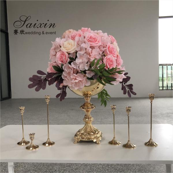 Quality Floral Trophy Shape Gold Trumpet Vase Metal Flower Stand Pot Round Wedding for sale