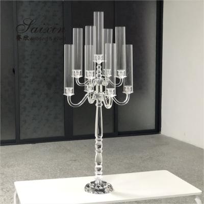 China Cylinder Crystal Candle Holder Wedding Centerpieces 9 Arms Glass for sale