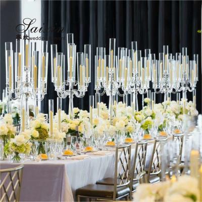 China Wholesale Luxury Wedding Crystal Glass Candelabra Centerpieces 9 Arms Tall Cylinder Candelabras for sale