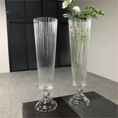China 30 Inch Tall Small Glass Vase Decoration Wedding New Striped Cone Clear for sale