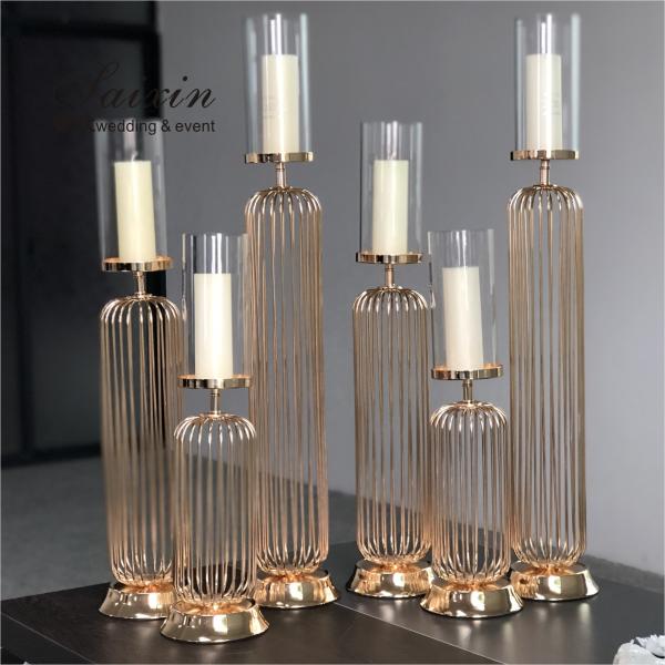 Quality Gold Wedding Candle Holders For Wedding Tables Set 3 Pcs Golden Lamp Metal Steel for sale