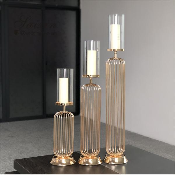 Quality Gold Wedding Candle Holders For Wedding Tables Set 3 Pcs Golden Lamp Metal Steel for sale