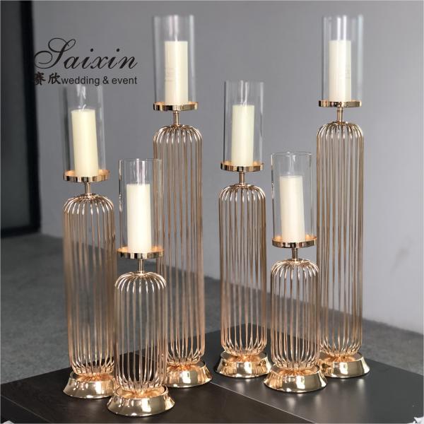 Quality Gold Wedding Candle Holders For Wedding Tables Set 3 Pcs Golden Lamp Metal Steel for sale