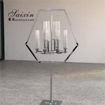 China Silver Hanging Metal And Crystal Candelabra Hexagon Frame Stand 12 Arms for sale