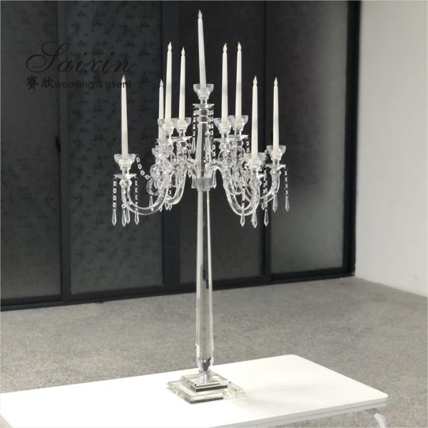 Quality 9 Arms Tall Luxury Clear Crystal Candle Holder For Dining Table Wedding for sale