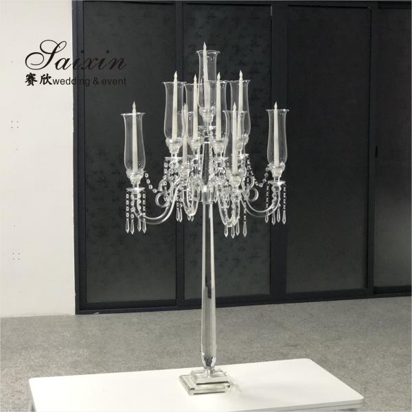 Quality 9 Arms Tall Luxury Clear Crystal Candle Holder For Dining Table Wedding for sale