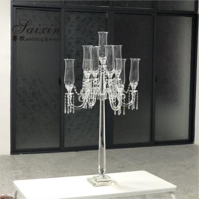 Quality 9 Arms Tall Luxury Clear Crystal Candle Holder For Dining Table Wedding for sale