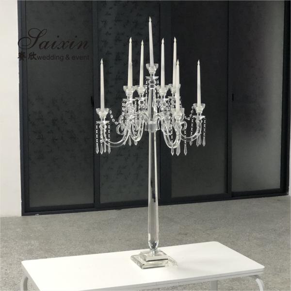 Quality 9 Arms Tall Luxury Clear Crystal Candle Holder For Dining Table Wedding for sale