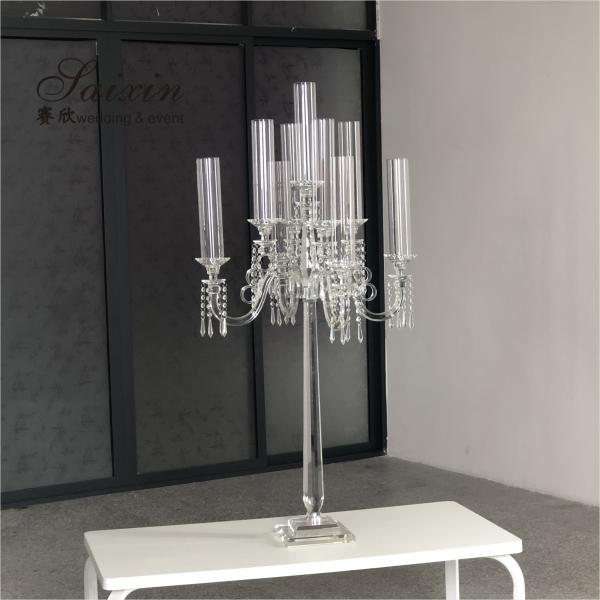 Quality 9 Arms Tall Luxury Clear Crystal Candle Holder For Dining Table Wedding for sale