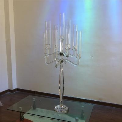 China Tall Candle Holder Glass 9 Arm Crystal Candelabra For Wedding Centerpiece for sale