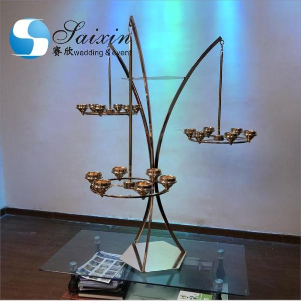 Quality Black Gold Metal Wedding Flower Stand With Three Branch Hanging Candle Holder for sale
