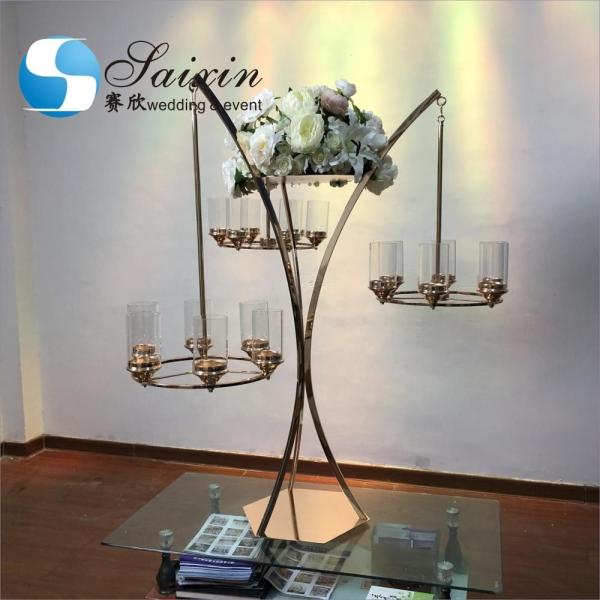 Quality Black Gold Metal Wedding Flower Stand With Three Branch Hanging Candle Holder for sale