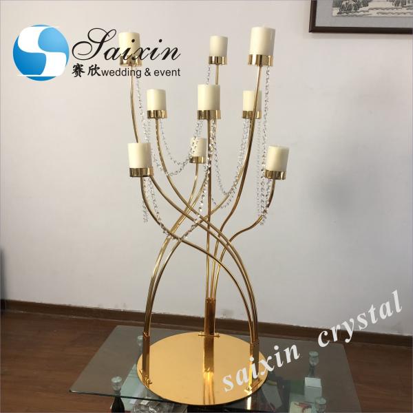 Quality 9 Arm Gold Metal Candelabra Luxury Candles Decor Antique Crystal Candle Holders for sale