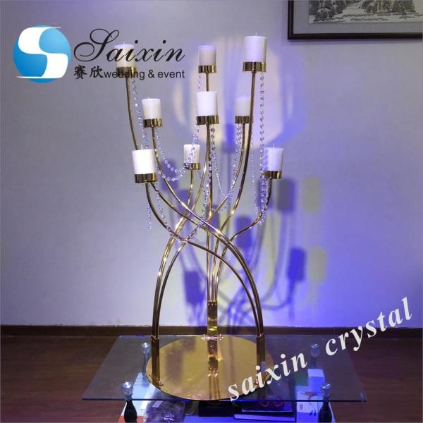 Quality 9 Arm Gold Metal Candelabra Luxury Candles Decor Antique Crystal Candle Holders for sale