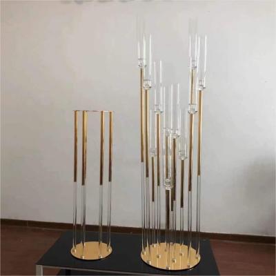 China ZT-526 bling wedding candelabra centerpieces 12 arms gold with clear candle holder for sale