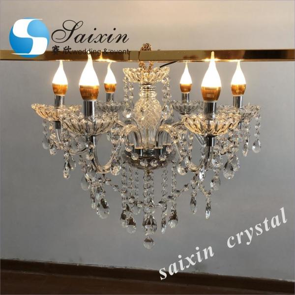 Quality 1.8m large shiny gold metal flower stand with battery working crystal chandelier for sale