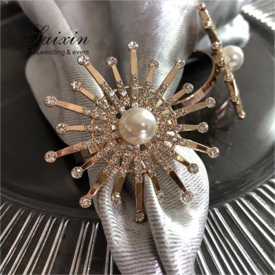 China Pearl Napkin And Ring Set Flower Ray Gold Metal 6cm for sale