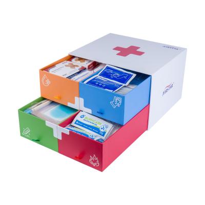 China Cardboard First Aid Kit Boxes 4 Compartments For Cleansing Burncare Woundcare And Fever Care à venda