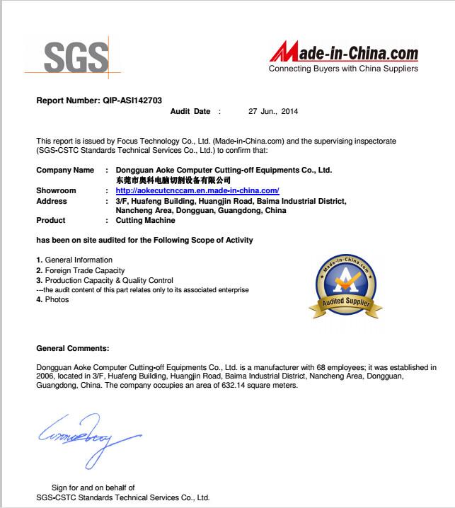 SGS - China AOKE Sample Maker Cutting Machine  CO. LTD