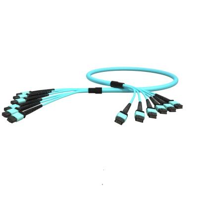 China OEM ODM OM3 12 Core PVC Fiber Optic Cable MPO To MPO Male Aqua Fan Out for sale