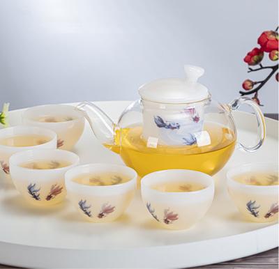 China Frosting Pattern Borosilicate Glass Teapot Set Goldfish Decoration for sale