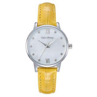 China 1.25 Inch Yellow Leather Strap Watch Ladies Quartz Waterproof for sale