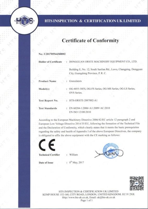 CE certificate of Granulator - Dongguan Orste Machinery Equipment Co., Ltd.