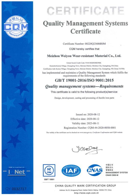 Quality Management Systems Certificate - MEIZHOU WEIYOU WEAR-RESISTING MATERIAL Co., LTd.