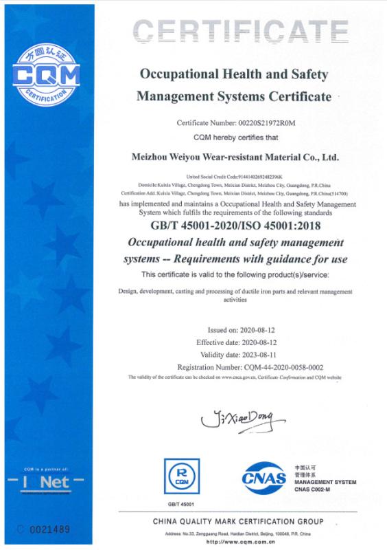 Occupational Health and Safety Management Systems Certifcate - MEIZHOU WEIYOU WEAR-RESISTING MATERIAL Co., LTd.