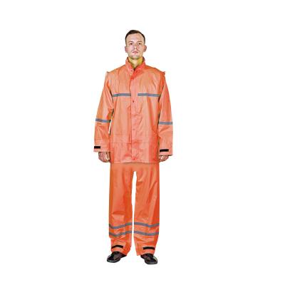 China Gender-Neutral Rain Wear Rubberized Polyester PVC Rain Suit with Reflective Tape and Hood for sale