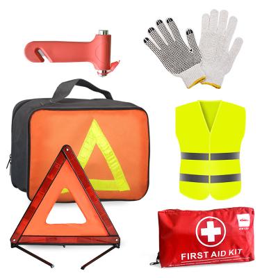 China Roadside Assistance Car Emergency Kit with PVC Dotted Cotton Gloves and Warning Vest for sale
