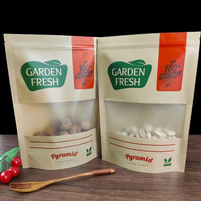 China Eco-friendly Kraft Paper Pouch Zipper Stand Up Pouch With Window Dried Fruit Nuts Cookie Grain Food Packaging Bags for sale