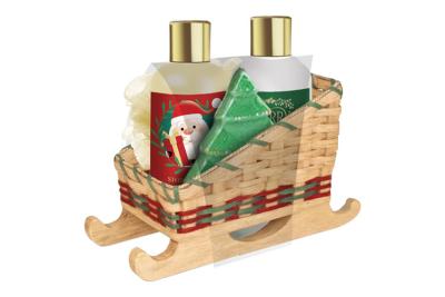 China Wooden Basket 4pcs Bath Gift Set With Shower Gel, Body Lotion, Bath Fizze, Body Puff for sale
