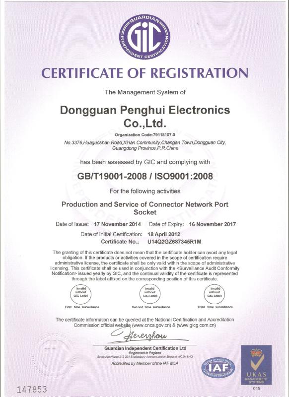 ISO9001:2008 - Dongguan Penghui Electronics Co., Ltd.