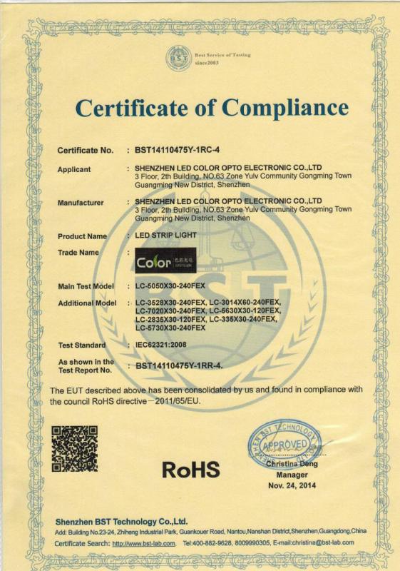 RoHS Certification for Normal LED Strip - Shenzhen LED Color CO.,LTD.